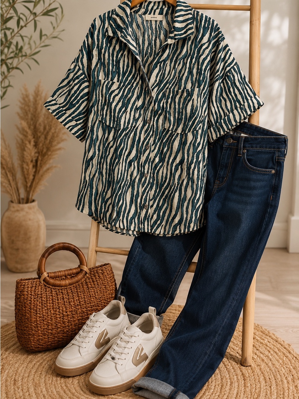 entro Teal & Cream Zebra-Print Short Sleeve Button-Down Shirt